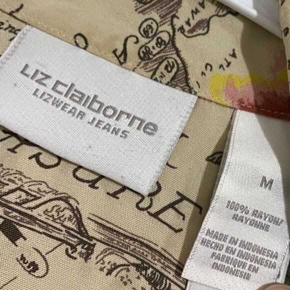 LIZ claiborne Women’s RARE TREASURE MAP & FLORAL PRINT BUTTON DOWN SHIRT Sz-M - Picture 2 of 5